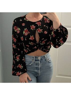Zara black red flower floral print front twist peep hole long sleeve blouse top